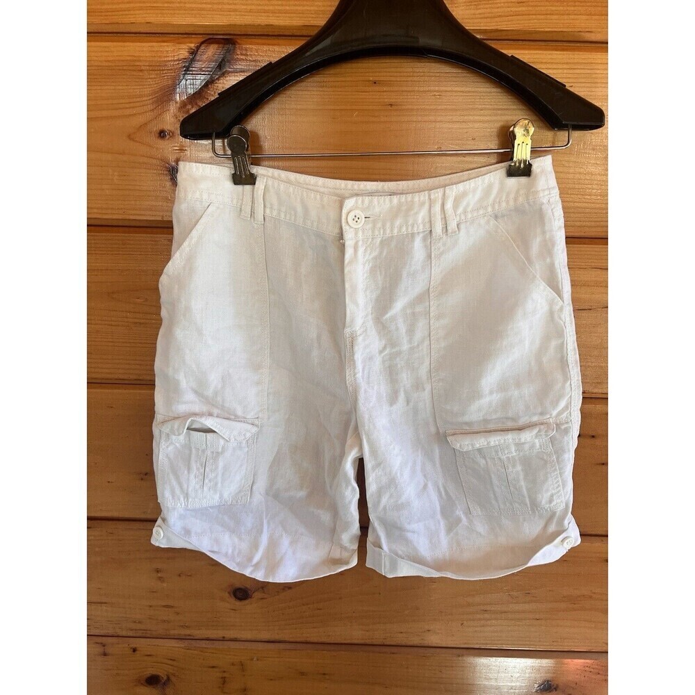 Coldwater Creek Women 100% Linen Natural Fit 6 Cargo Shorts Flip-up Hem Button